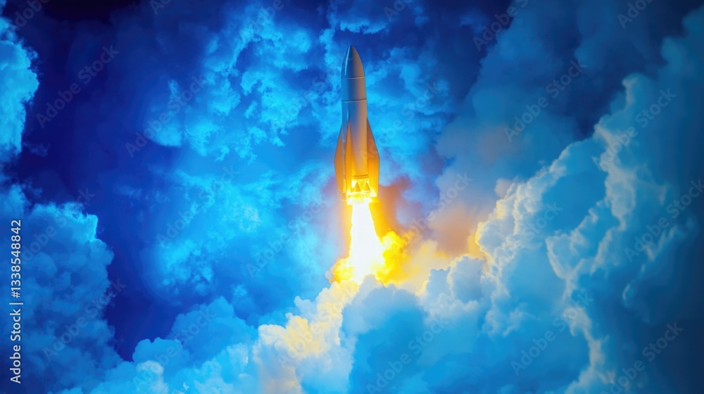 Poster A rocket soaring through a clear blue sky with clouds, suitable for use in science or technology-related contexts