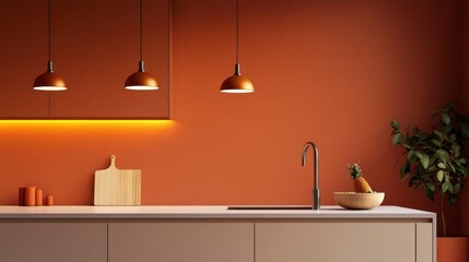 A clean, bright kitchen interior features a wooden counter and white walls, creating a minimal background for product display.
