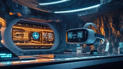 Obraz premium Futuristic Virtual Reality Control Room With Orange And Blue Lighting Style Environment With Abstract Patterns And Graphics Displaying Data And Information On Screens Featuring High Tech Interfaces