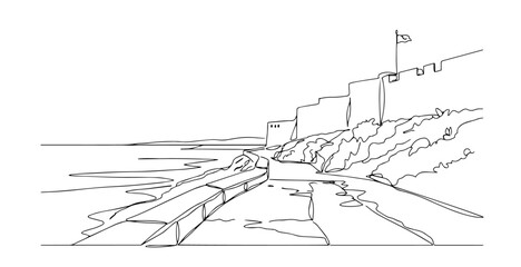 Mediterranean Sea Qaitbay Citadel linear monoline vector black and white graphic thin oneline