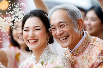 Joyful bride and smiling father celebrate a cultural wedding ceremony in a lively outdoor setting