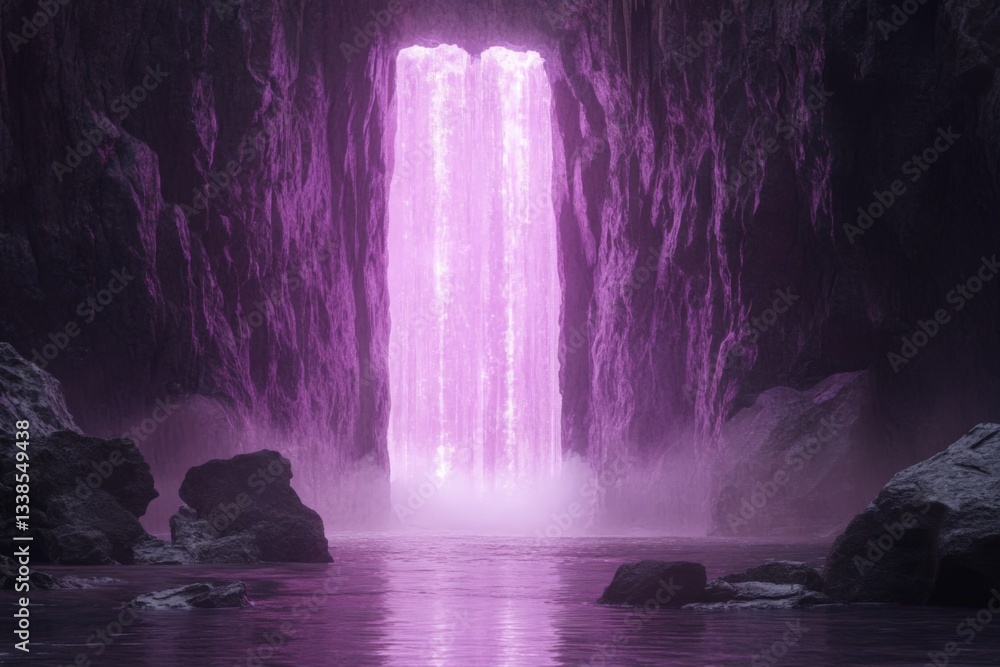 Poster majestic pink waterfall cascading from rocky cliffs into a serene pool at twilight, creating a mysti