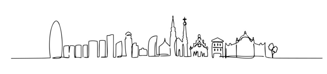 Panorama Barcelona City linear monoline vector black and white graphic thin oneline