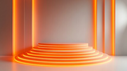 Fototapeta premium Illuminated Circular Podium A Modern Minimalist Stage Design with Warm Orange Neon Accents