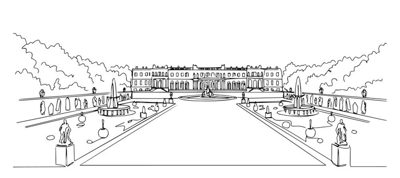 Palace of Versailles with its ornate gardens and fountains linear monoline vector black and white graphic thin oneline
