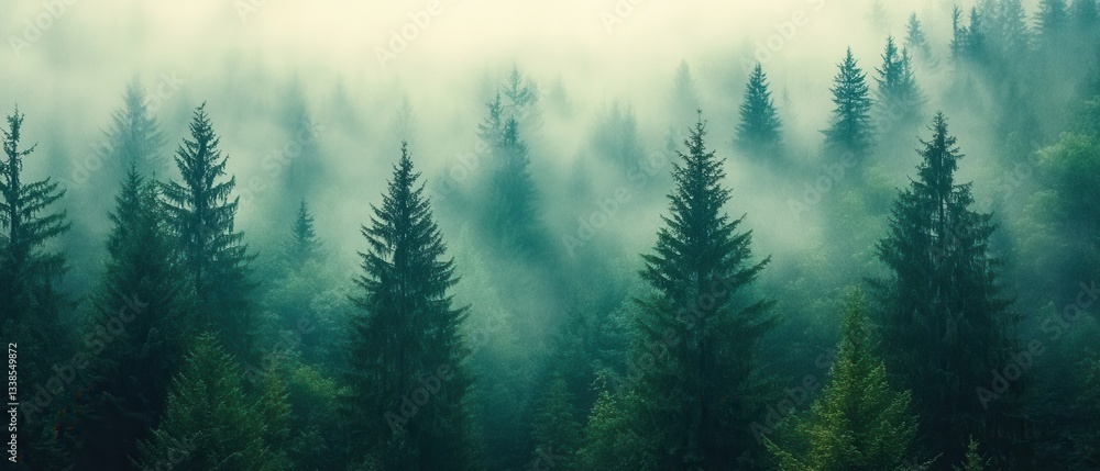 Poster misty forest canopy with evergreen trees and dense fog creating a serene and atmospheric woodland sc