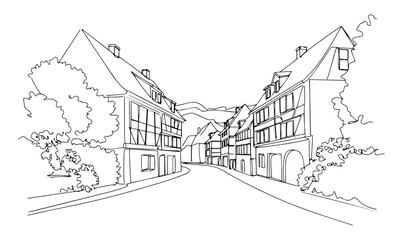 picturesque villages of Alsace with half-timbered houses and flowers linear monoline vector black and white graphic thin oneline