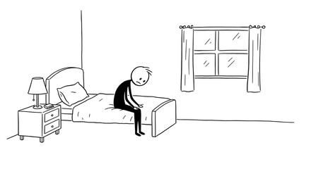 Stick Figure Sitting on Bed in Room Feeling Sad and Lonely