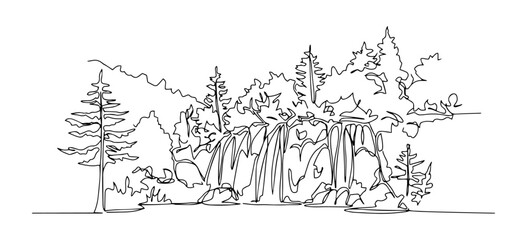 Plitvice Lakes in Croatia with waterfalls linear monoline vector black and white graphic thin oneline