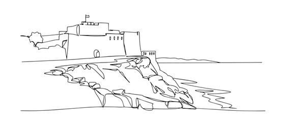 Qaitbay Citadel overlooking the Mediterranean Sea linear monoline vector black and white graphic thin oneline