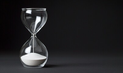Sand flows in a glass hourglass against a dark backdrop, symbolizing the passage of time. Time is running out