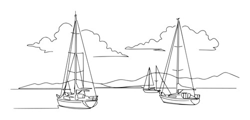 Sailing yachts in the harbors of Antigua and Barbuda linear monoline vector black and white graphic thin oneline