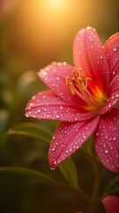 Fototapeta premium Dew-Kissed Crimson Lily in Golden Light