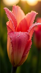 Fototapeta premium Dew-Kissed Crimson Lily in Golden Light