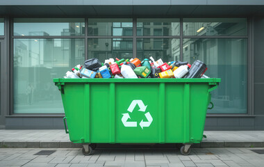 A large green recycling container overflows with plastic waste in an modern urban area. Responsible waste management and recycling concept
