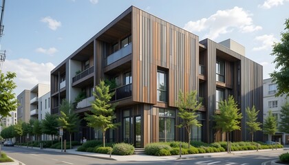 Modern architectural building with wooden facade and surrounding greenery.