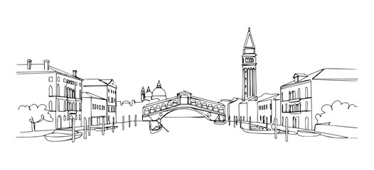 Venice Panorama monoline vector oneline line art illustration