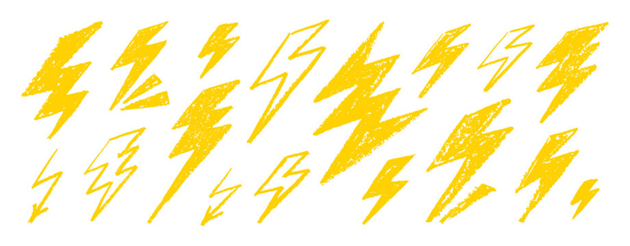 Thunder lightning. Bolt doodle icon. Hand drawn energy flash lightening. Crayon sketch thunder vector. Electric light power, brush bolt. Thunderbolt element. Energy flash scribble punk rock shape bg