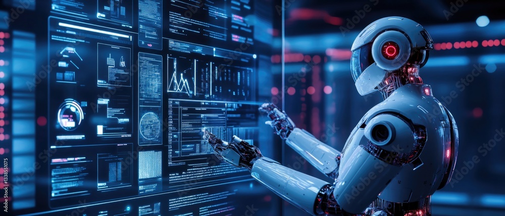 Poster A robot stands at a computer terminal, ready to interact