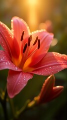 Fototapeta premium Dew-Kissed Crimson Lily in Golden Light