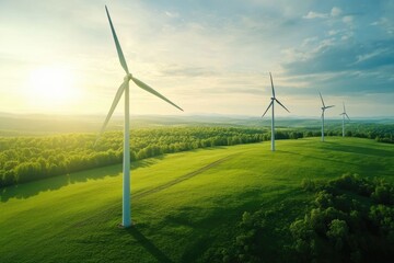 Fototapeta premium A group of wind turbines standing tall on a lush green field, with the blades spinning in the breeze