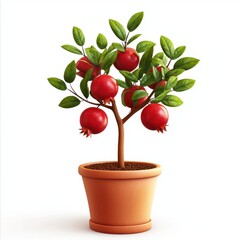 Pomegranate Tree in Pot with Bright Red Fruit and Lush Green Leaves for Garden Decor or Home Interior