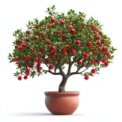Vibrant Potted Apple Tree With Lush Green Leaves and Bright Red Apples Against a Soft White Background