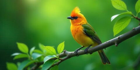Fototapeta premium A vibrant orange and green bird perched gracefully on a slender branch, surrounded by lush green foliage in a tranquil natural setting.
