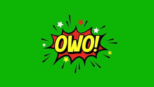 A comic strip cartoon animation, with the word owo appearing. cartoon bubble explosions. owo comic text message animation on green screen background. 4k