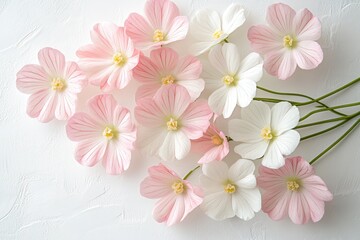 Delicate arrangement of pink and white flowers on a textured white background creating a soft romantic light airy aesthetic perfect for spring