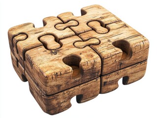 Unique Wooden Puzzle Pieces Stacked in an Artistic Arrangement on a White Background