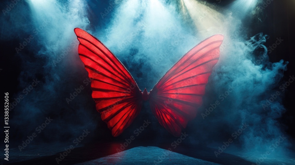 Poster a large red butterfly sits on the edge of a stage, ready to take flight