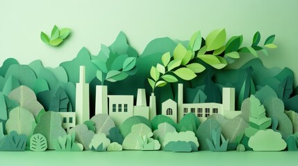 Paper art depicting a green landscape with a factory and lush foliage in a serene environment.
