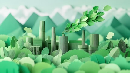 Green cityscape with paper-like mountains and trees, blending nature and industry.