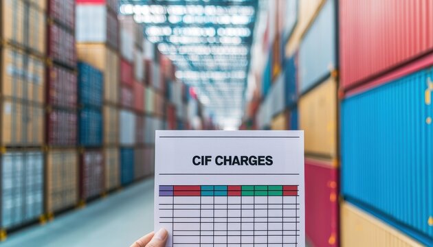 Cost, Insurance, Freight (CIF) concepts. A person holds a document titled "CIF Charges" in a shipping container yard, surrounded by colorful shipping containers stacked in rows.