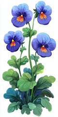 Vibrant Blue Pansy Flowers with Lush Green Leaves Displayed on a White Background for Artistic Use