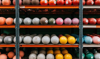 Shelves filled with vibrant, round weights in varied shades & sizes. Colorful spheres arranged. Industrial storage