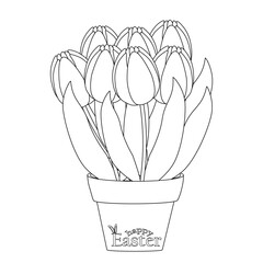Black and white Easter-themed coloring page featuring a potted tulip bouquet with - Happy Easter - text on the pot.