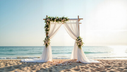 Minimalist wedding altar adorned with flowing white fabric on sandy beach with calm blue waves