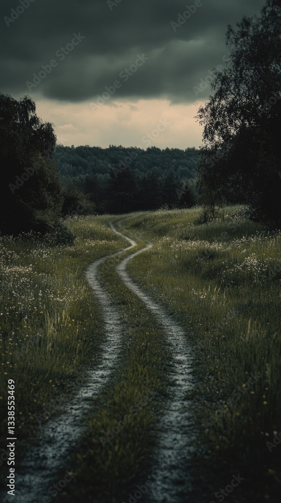 Poster a dirt road runs through a green grassy field with trees visible in the background