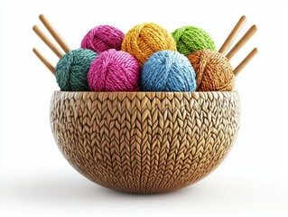Colorful Yarn Balls in Woven Bowl with Knitting Needles on White Background