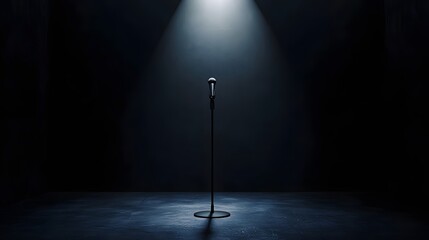 A single microphone on a stand illuminated by a spotlight