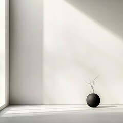 Minimalist interior with sunlight, featuring a black sphere vase holding dried branches against a white wall.