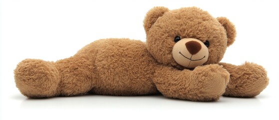 Adorable brown teddy bear lying down on white background with soft fur and cute smile in studio shot