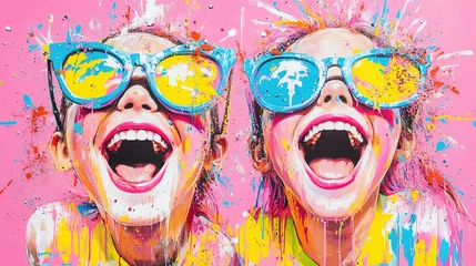 Tableau sur verre  Dynamic graffiti-style portrait of best friends laughing, electric colors splashed across the scene, exaggerated joyful expressions, chaotic urban beauty,  © Warawut Khueanpet