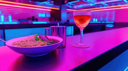 Neon Lit Bar Scene with Ramen and Cocktail Drink Recipes List with Ingredients for a Delicious Experience at a Nightclub Style Bar. An Evening Gathering at Trendy Bar. Vibrant Colors and Nightlife