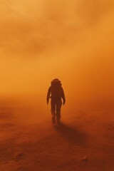 Astronaut exploring sandy terrain with futuristic equipment
