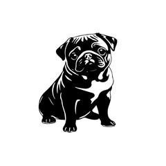 Black and White Silhouette Illustration of a Pug standing alert in a playful pose on a white background showcasing its sleek form and attentive expression