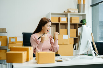 Young businesswoman managing online sales and shipping from a modern home office.