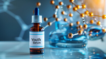 This bottle labeled Youth Serum sits beside molecular structures of genetic advancements.